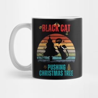 Vintage Retro - Funny Black Cat Pushing Christmas Tree Mug